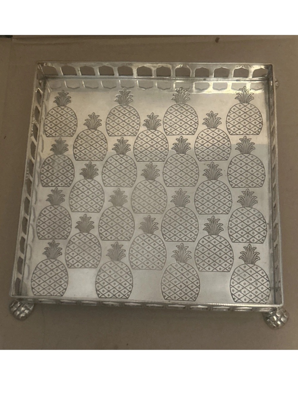 Vintage brass Mottahedeh footed square etched pineapple tray Hollywood regency
